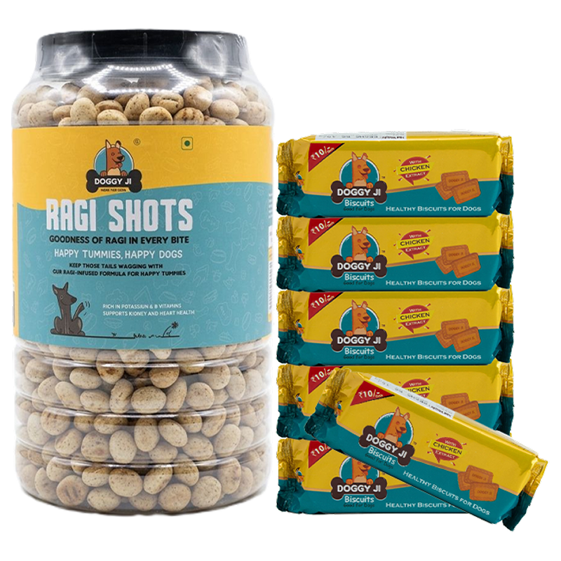 Doggy Ji Mini Combo : Doggy Ji Biscuits (with Chicken Extracts) – 6 Packets + Ragi Shots – 1 Pouch